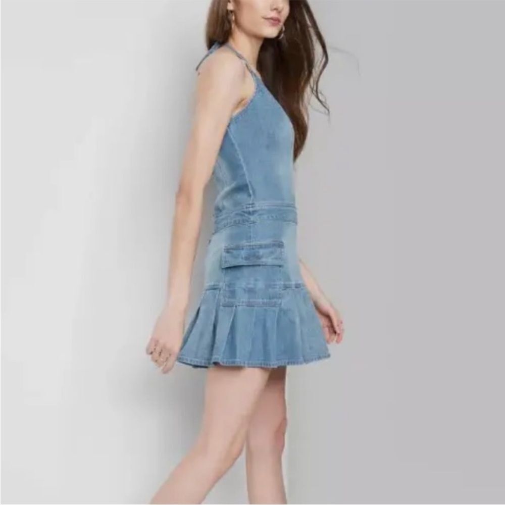 Wild Fable Denim Halter Mini Dress Denim Pleated Cargo Y2K Women XS NEW
